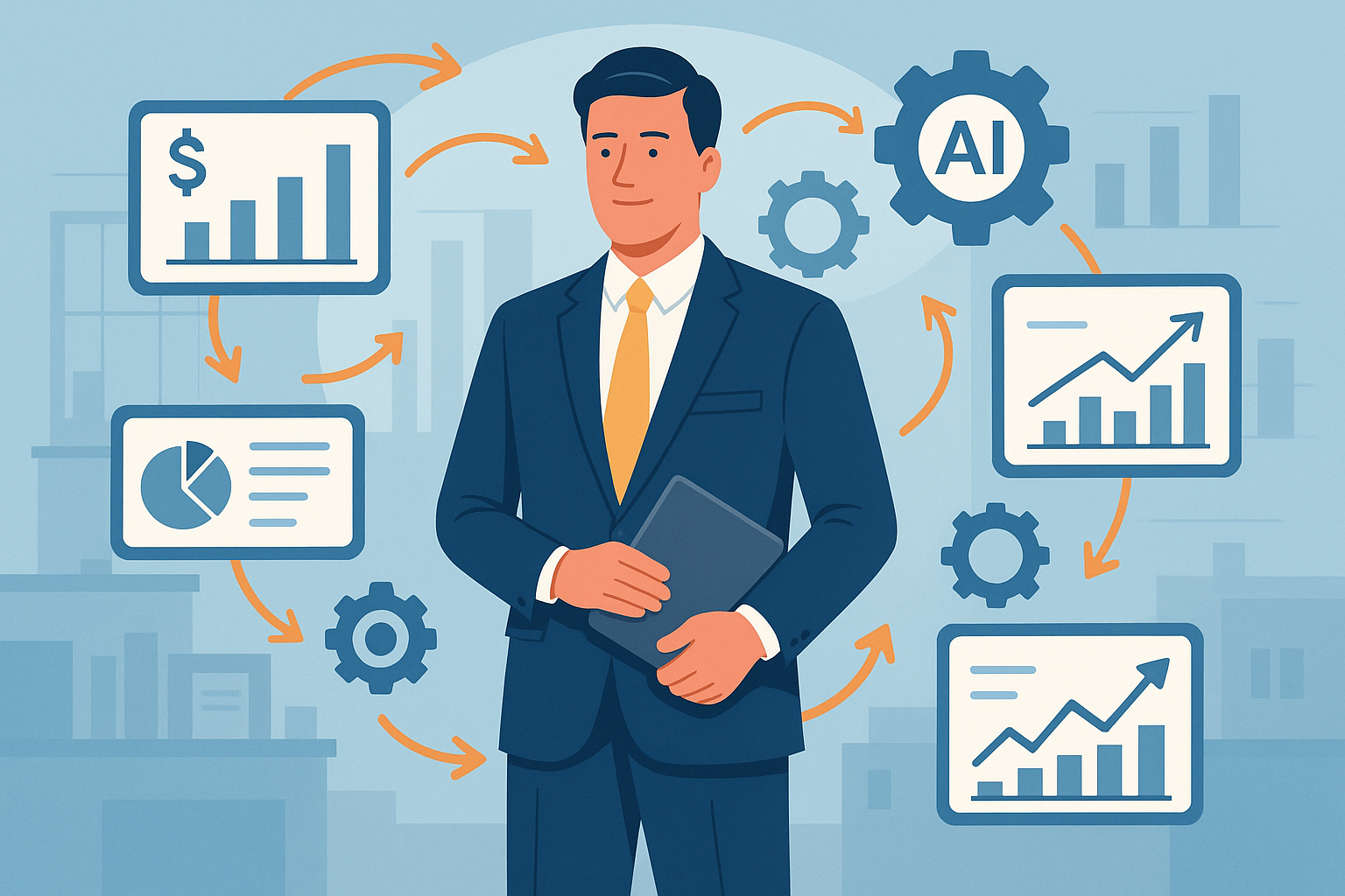 Illustration of a CFO guiding automation and efficiency across the organization