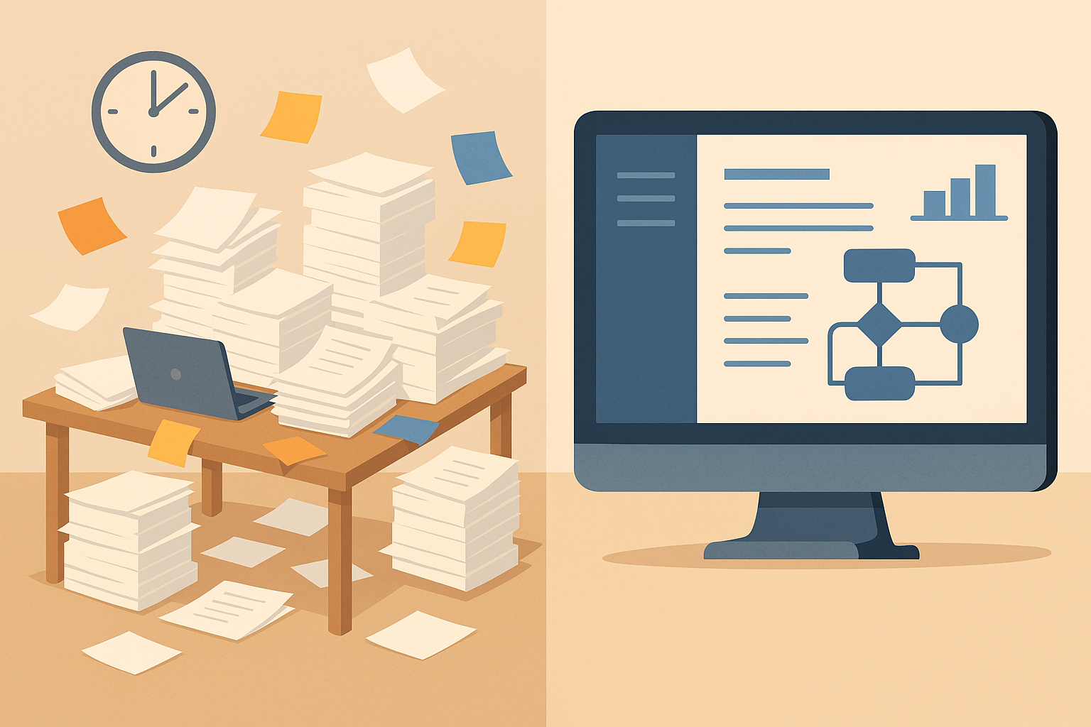 Illustration of a cluttered desk representing manual workflows