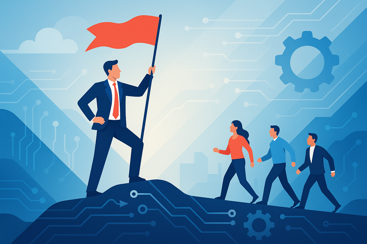 Illustration of an AI and automation leader guiding a team through digital transformation